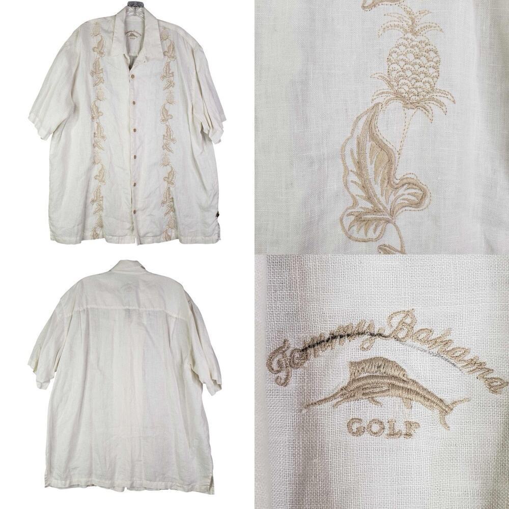 Tommy Bahama Shirt Mens Size XL Linen Short Sleeve Button Down Tan Tropical